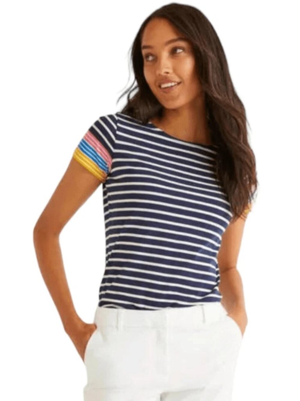 Boden Blue White Striped Rainbow Short Sleeve Cotton Top